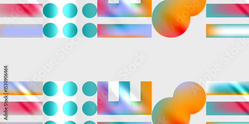 Abstract design features colorful rectangles, circles, gradients. Composition repeats twice, creating symmetrical visual impact. Modern, vibrant aesthetic.