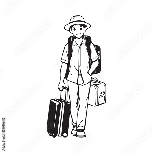 Young male traveler in casual clothing standing with luggage at airport. Smiling traveler with backpack and suitcases, ready for travel.