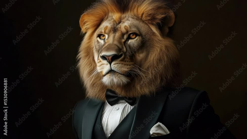Majestic lion in tuxedo highlighting elegance and power in a dark setting Majestic lion in tuxedo highlighting elegance and power in a dark setting