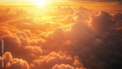 The sky is filled with clouds and the sun is shining brightly. The clouds are orange and the sky is a beautiful shade of blue