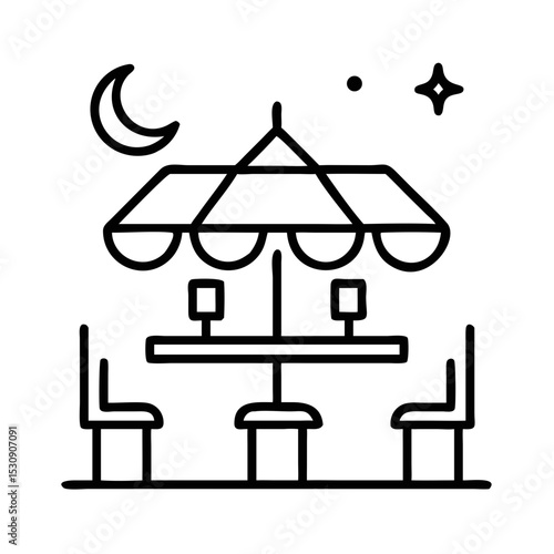 Outdoor restaurant seating area under stars at night  