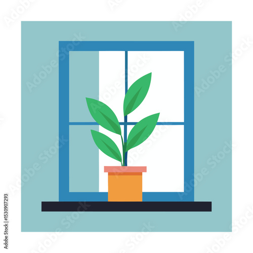 Simple illustration of a potted plant on a windowsill depicting home and greenery