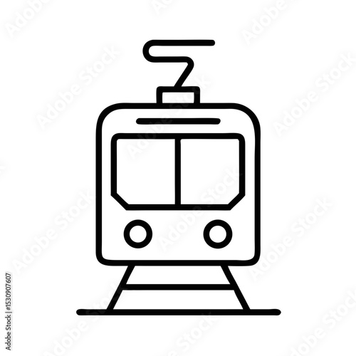 Tram arriving at stop in minimal line art style representing urban space  