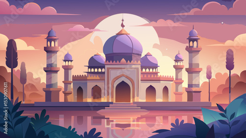 Fantasy Palace at Sunset – Vibrant Middle Eastern Architecture Illustration