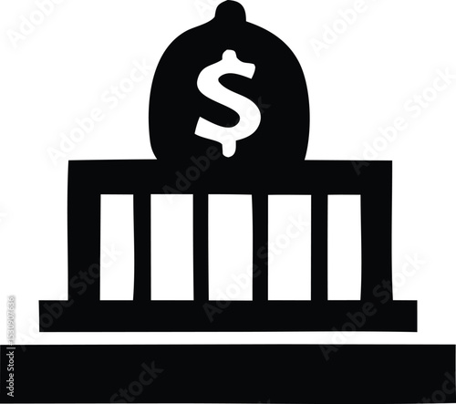 Simple black and white icon of a bank building with a money bag on top