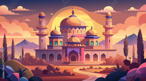 Fantasy Palace at Sunset – Vibrant Middle Eastern Architecture Illustration