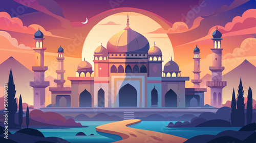 Fantasy Palace at Sunset – Vibrant Middle Eastern Architecture Illustration