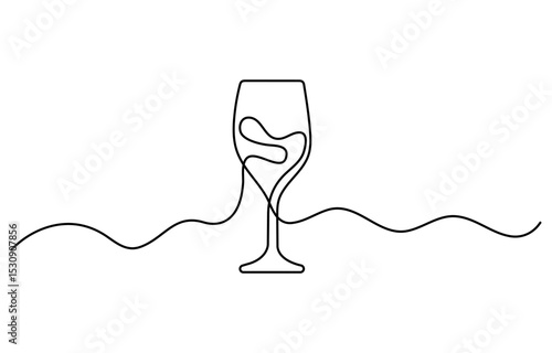 Wine bottle and wine glass drawing with one continuous line, Continuous line one drawing of wine bottle with wineglass, The image shows the silhouette of a vermouth.