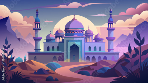 Fantasy Palace at Sunset – Vibrant Middle Eastern Architecture Illustration