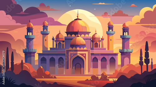 Fantasy Palace at Sunset – Vibrant Middle Eastern Architecture Illustration