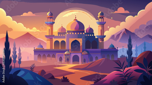 Fantasy Palace at Sunset – Vibrant Middle Eastern Architecture Illustration