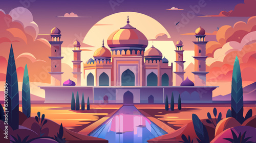 Fantasy Palace at Sunset – Vibrant Middle Eastern Architecture Illustration