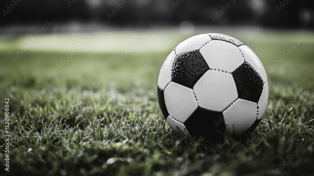 Fototapeta premium Black and white soccer ball on a green field, close-up. Sports, active recreation, sporting events.