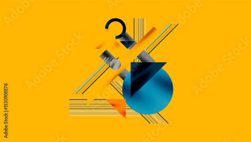 Abstract geometric composition. Shapes overlap, creating dynamic visual interest. Yellow background dominates design. Lines suggest movement, depth.