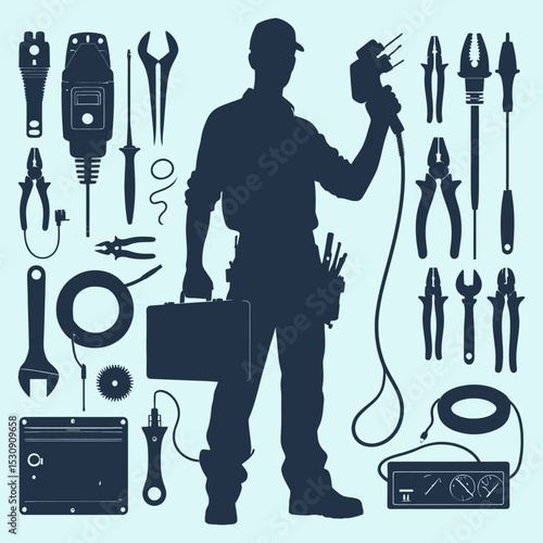Vector silhouette of repairman with tools on light blue background