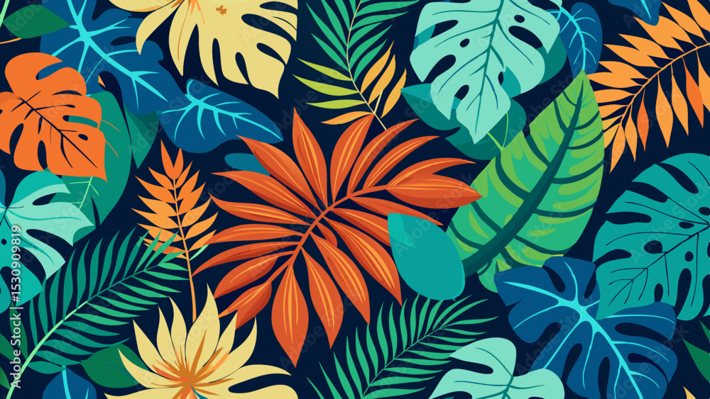 Colorful Tropical Leaf Pattern – Vibrant Botanical Background Illustration Colorful Tropical Leaf Pattern – Vibrant Botanical Background Illustration