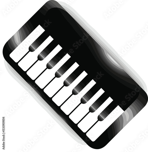 Stylized black and white piano keyboard icon illustration, isolated music instrument graphic, abstract piano keys design, modern musical symbol, vector keyboard for music concept