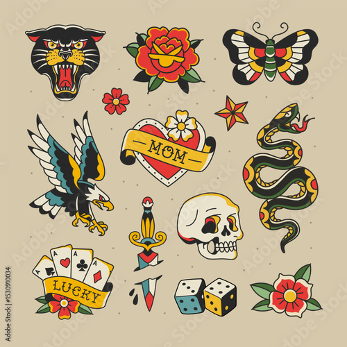 Old school traditional tattoo art collection for stickers and apparel print design. Colorful Traditional tattoo rock symbols and old school set of eagle, panter head, butterfly, playing cards, skull