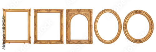 Elegant gold ornate picture frames set isolated on art oval arch decor on transparent background