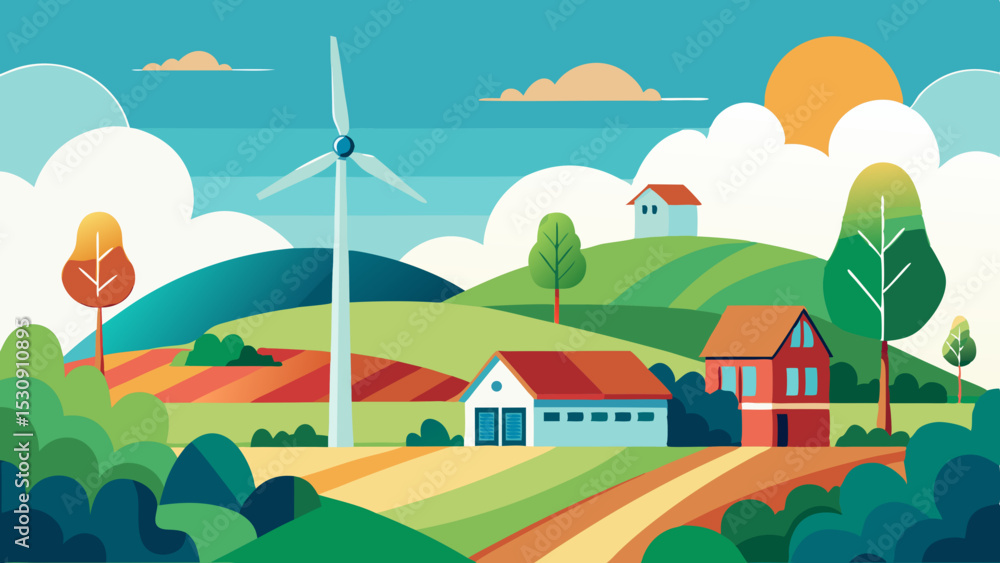 Naklejka premium Sustainable Countryside Farm with Wind Turbines and Rolling Hills