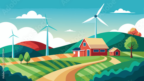 Sustainable Countryside Farm with Wind Turbines and Rolling Hills