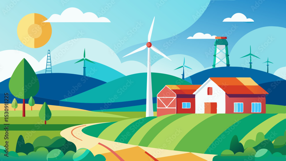 Fototapeta premium Sustainable Countryside Farm with Wind Turbines and Rolling Hills