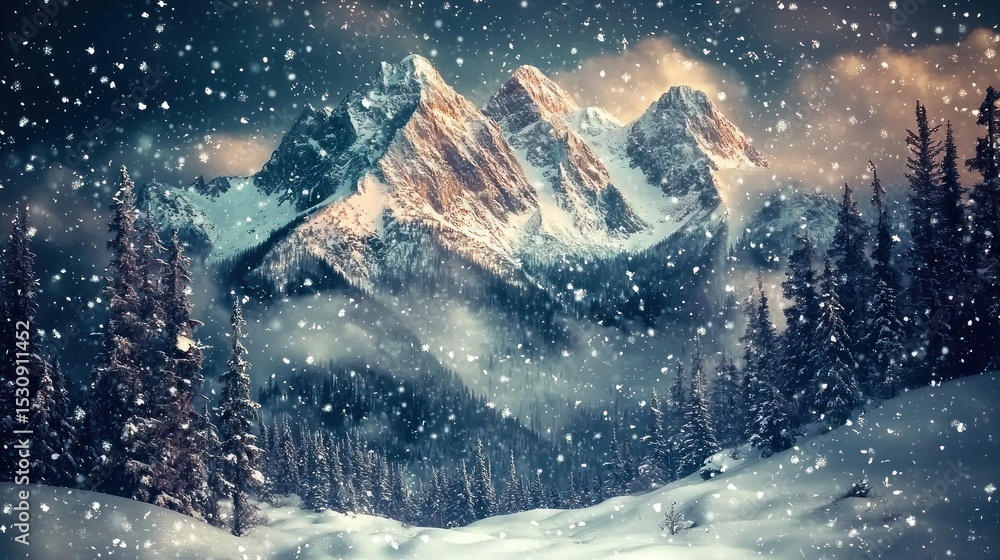 Snowy mountain peaks at dawn Snowy mountain peaks at dawn