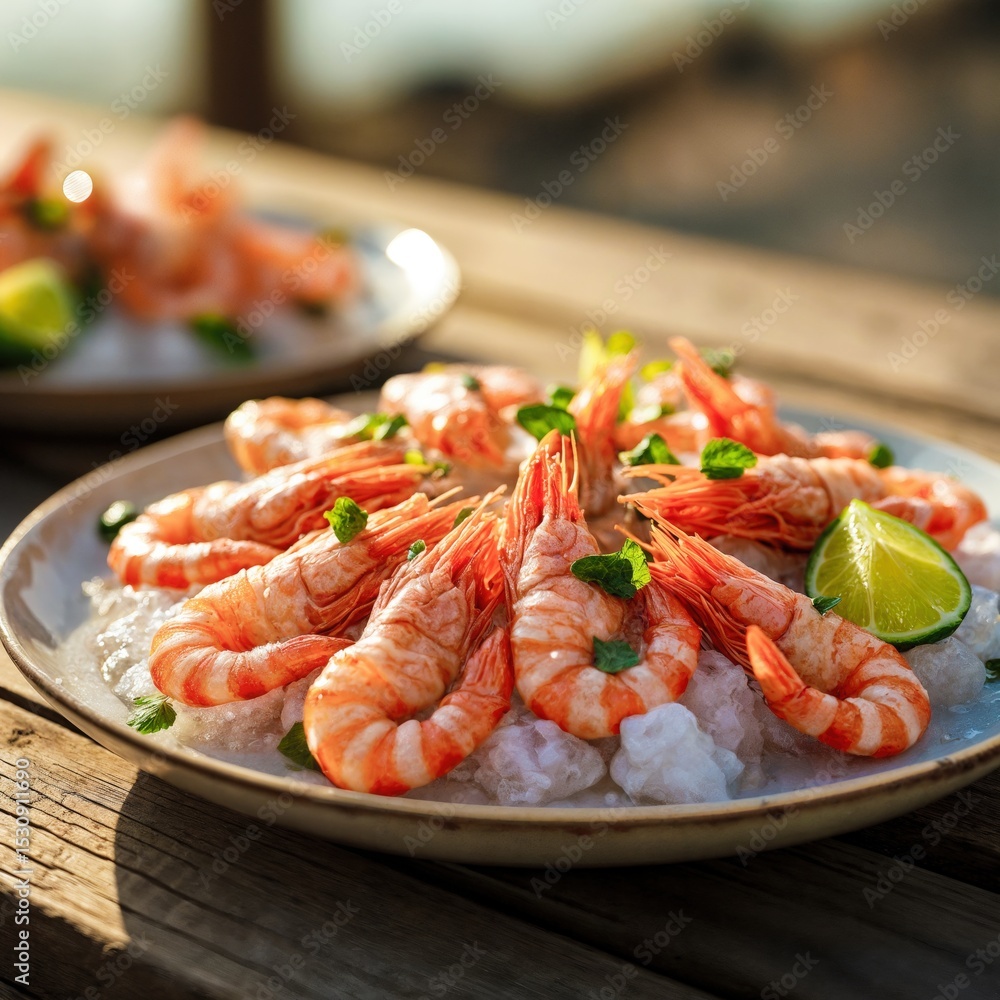 Outdoor seafood platter on wooden table at summer sunset Outdoor seafood platter on wooden table at summer sunset