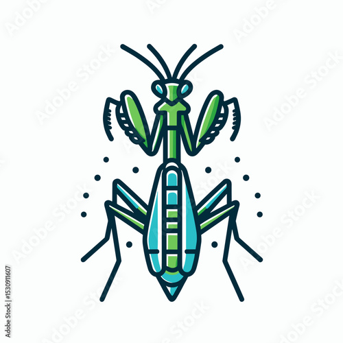 Colorful illustration of a praying mantis in a frontal view with a vibrant design on a light background