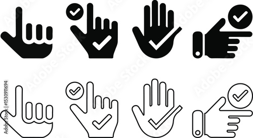 Hand Gestures with Checkmarks Icons Set. and outline vector illustration