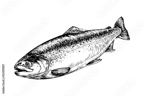 Realistic hand-drawn depiction of a salmon fish with fine details, black ink sketch style, isolated on white background, concept of seafood