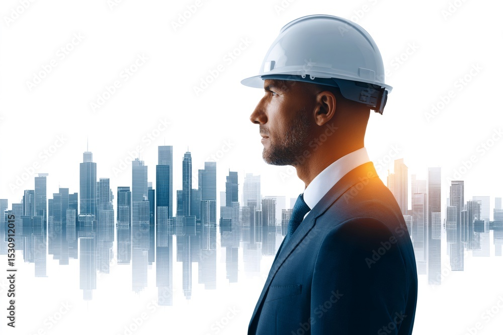 Architect wearing hardhat planning new buildings in modern city Architect wearing hardhat planning new buildings in modern city