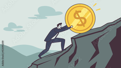 SVG Vector Businessman struggles to push giant gold coin uphill, symbolizing financial challenges