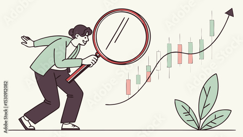 Growth and analysis, businessman uses large magnifying glass to examine rising graph,