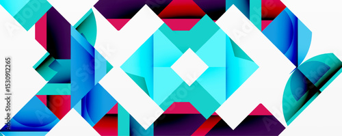 Abstract geometric shapes, vibrant colors, dynamic composition. Modern design, clean lines, visual harmony. Bold contrasts, intriguing patterns.