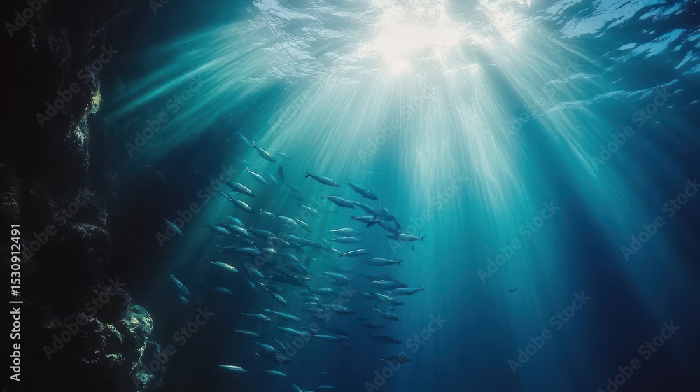 Fototapeta premium Sunlight streams through clear turquoise water, illuminating a school of fish. Ideal for illustrating marine biology, ocean conservation, or scuba diving.