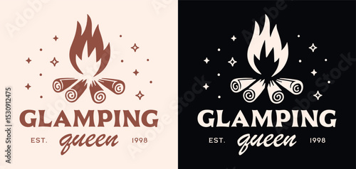 Glamping queen glam camping luxury camper funny quotes girls trip glamper badge sticker shirt design. Cute campfire drawing boho retro fancy brown aesthetic printable text illustration poster print.