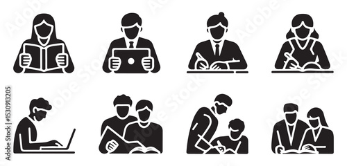 Diverse People Engaged in Educational Activities, depicts various individuals engaged in different educational activities, including reading, using laptops, and interacting in a classroom setting.