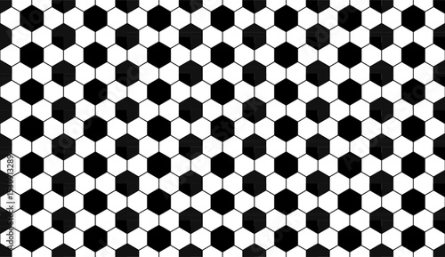 Hexagon soccer ball pattern, black and white seamless design, geometric sport texture, tileable vector for wallpaper, textile, football theme, web, or print.