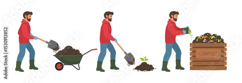 Farmer set. Man with wheelbarrow, planting, gardening, diging, composting. Agriculture concept.