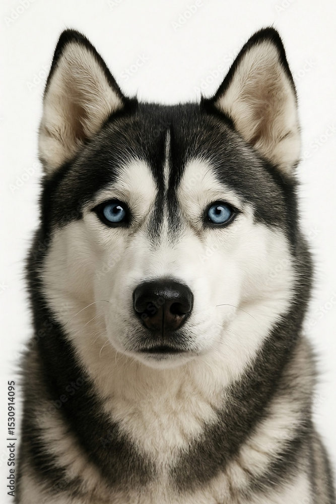 Siberian Husky Portrait with Piercing Blue Eyes on a Clean White Background Siberian Husky Portrait with Piercing Blue Eyes on a Clean White Background