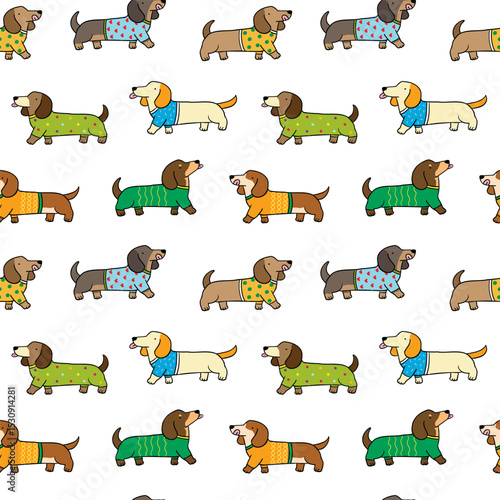 Seamless Pattern with Cartoon Dog Design on White Background. Hand Drawn Vector Illustration.