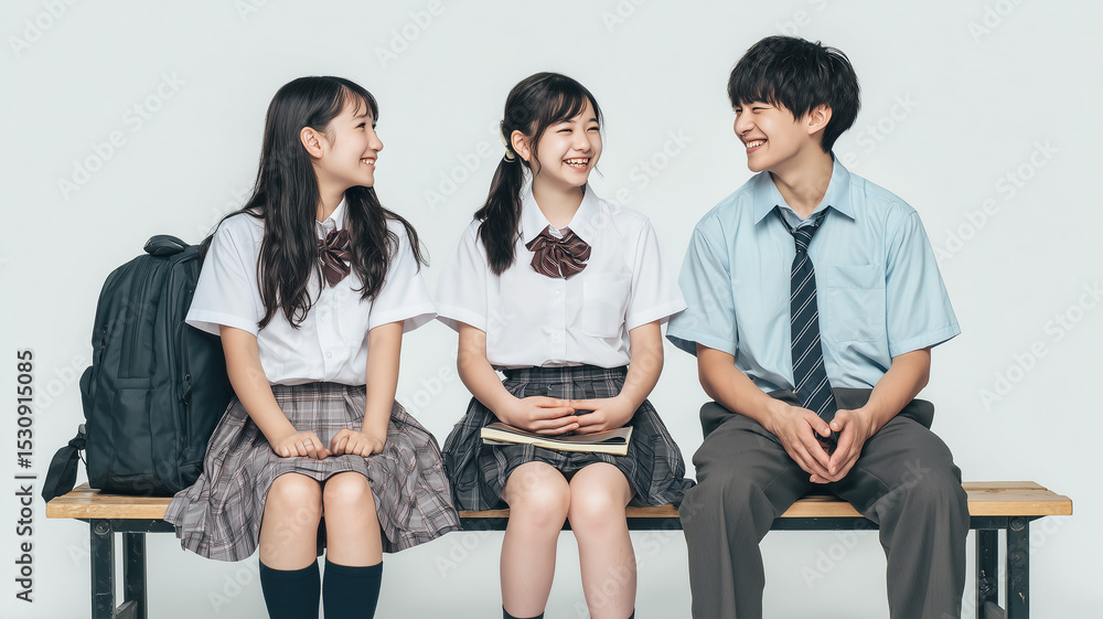 Obraz premium 日本人高校生3人の制服談笑ポートレート