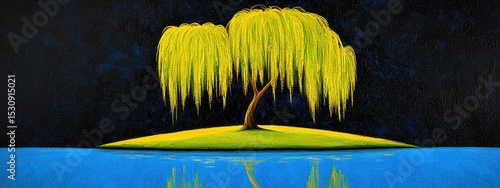Nocturnal Weeping Willow A Yellow Tree on an Island in a Dark Blue Water