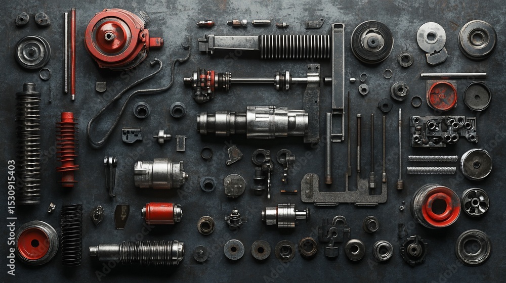 Intricate array of industrial components arranged on a textured surface Intricate array of industrial components arranged on a textured surface