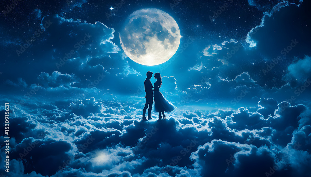 Fototapeta premium Silhouette de couple amoureux dans les nuages avec clair de lune ou rayon de soleil, idéal pour st Valentin, mariages, romantisme, amour