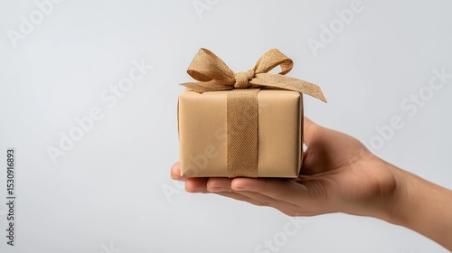 Hand holding gift box isolated on a white background.