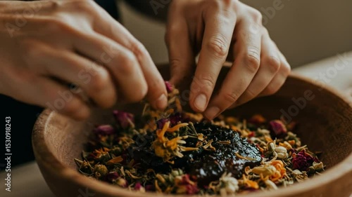 Hands Arranging Dried Flowers and Herbs in Wooden Bowl for Herbal Preparation