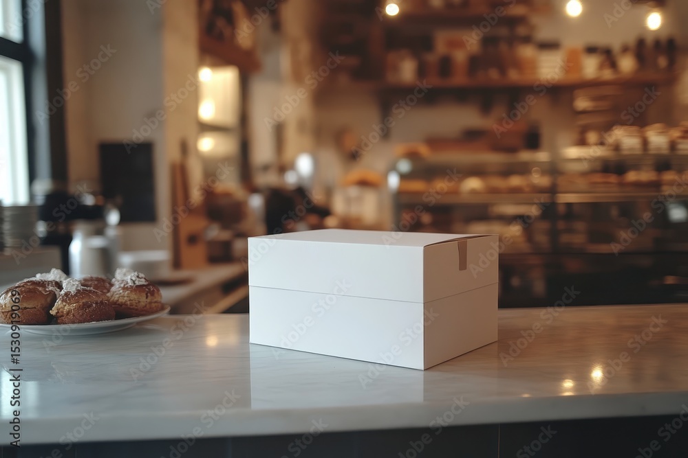 A white cardboard box is on a marble countertop in a bakery. Use for bakery branding, food takeout, or small business promotion. A white cardboard box is on a marble countertop in a bakery. Use for bakery branding, food takeout, or small business promotion.
