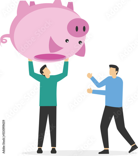 Team pour out a gold coin from the piggy bank. Business vector illustration concept stock illustration

